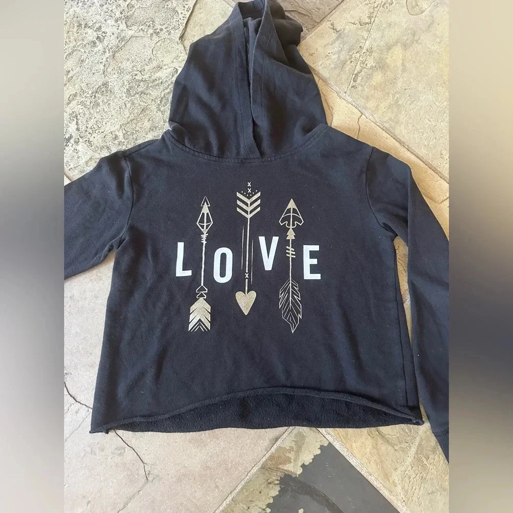Justice Active Black LOVE Arrow Graphic Fleece Hoodie Boho Western Girls 10